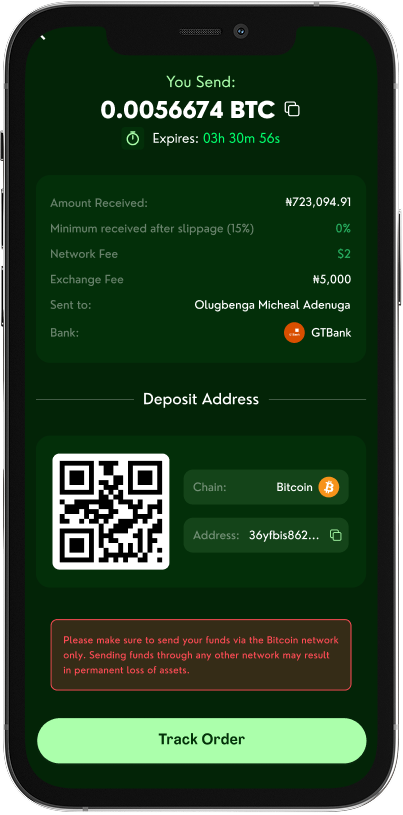 Complete your order by depositing crypto to the secure wallet address we provide